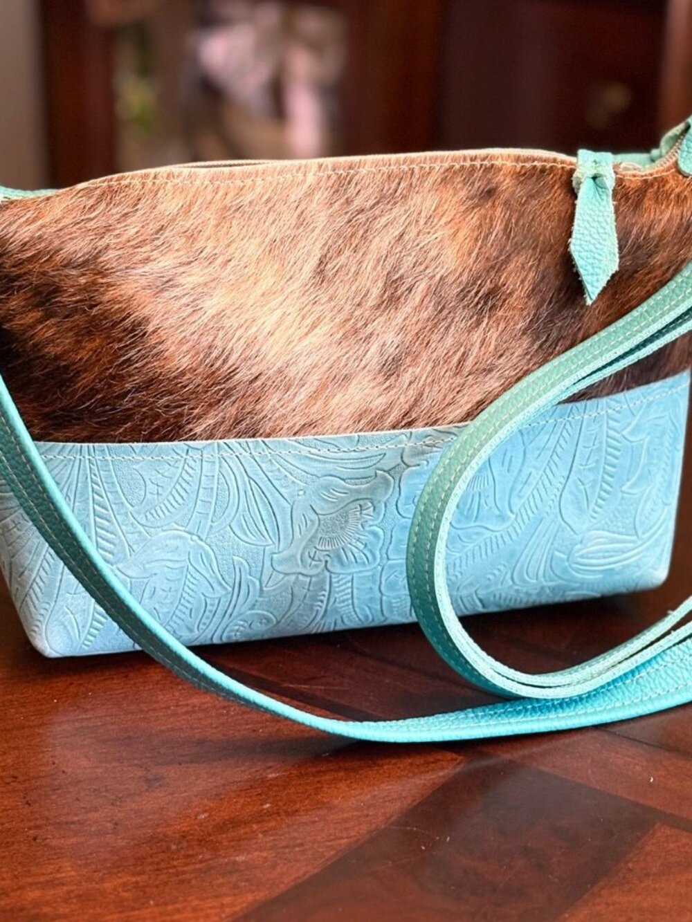 Dancing Cactus Designs Turquoise Tooled Leather Cowhide Crossbody